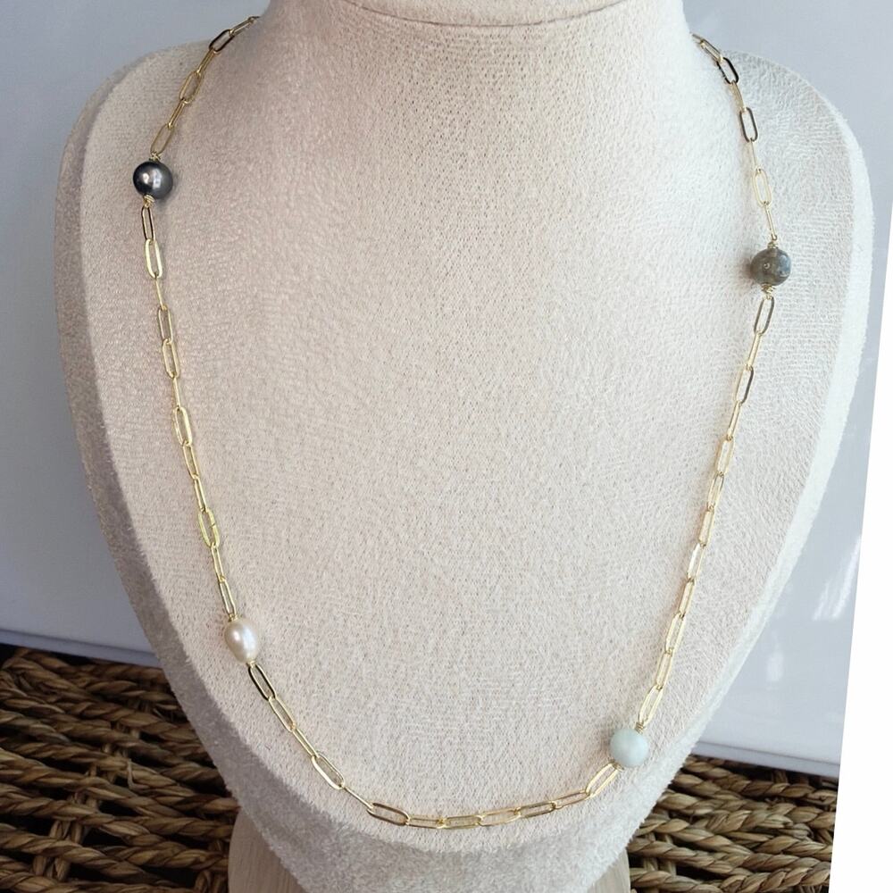 17", Delicate Gold Plated Paperclip Chain w/ Pearls, Moonstone, & Labradorite